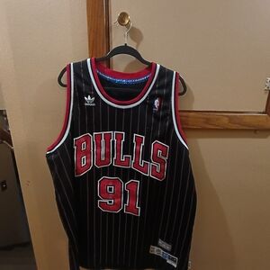 adidas Black Chicago Bulls #91 Pinstripe Basketball Jersey with Red Trim